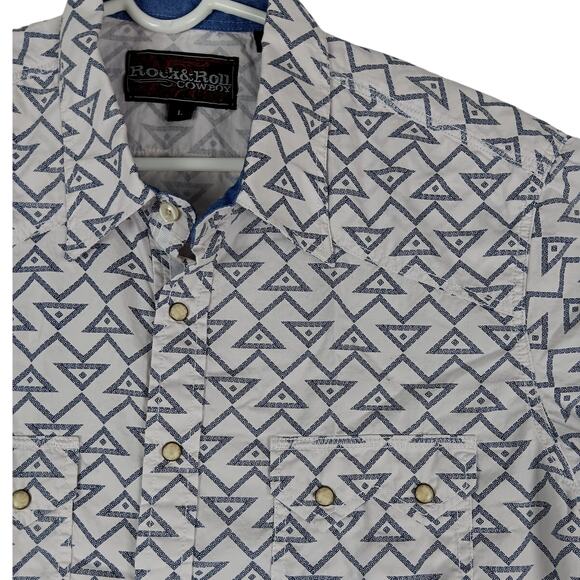 Rock & Roll Cowboy Shirt Mens Large White/Blue Geometric Snaps Western Cowboy - Picture 1 of 13